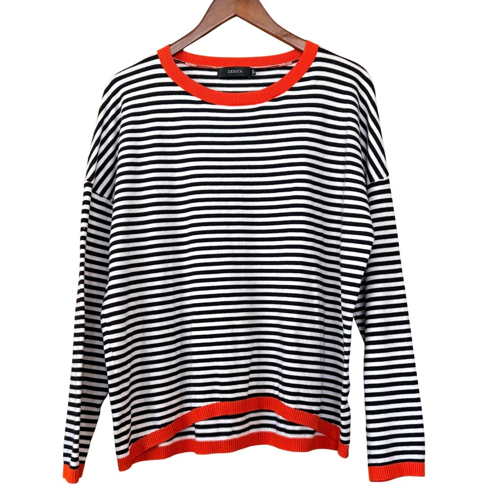 ZESICA Sweater Womens XL Black White Striped Orange Trim Knit Top Career Preppy